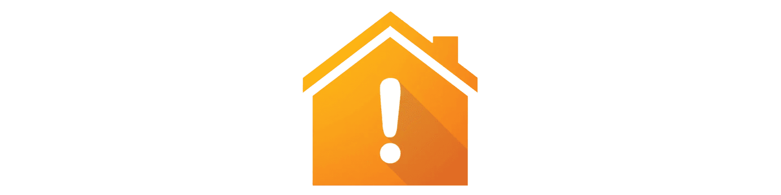 A cartoon orange house with a white exclamation mark is against a white background.