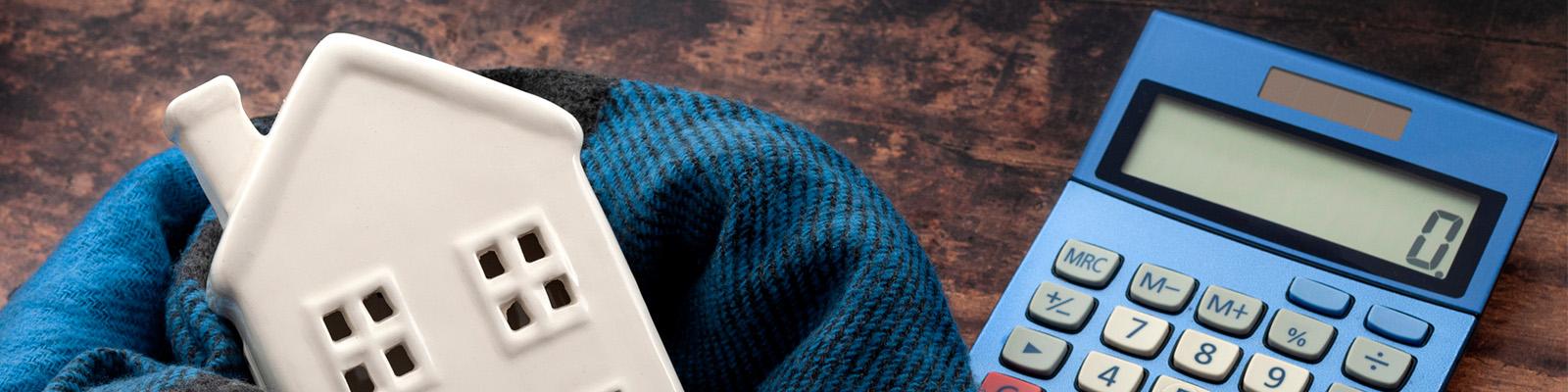 There is a white plastic home replica and a blue calculator.