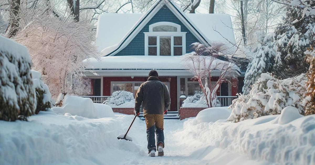Man standing in a snowy driveway holding a snow shovel with piles of snow on each side of him.