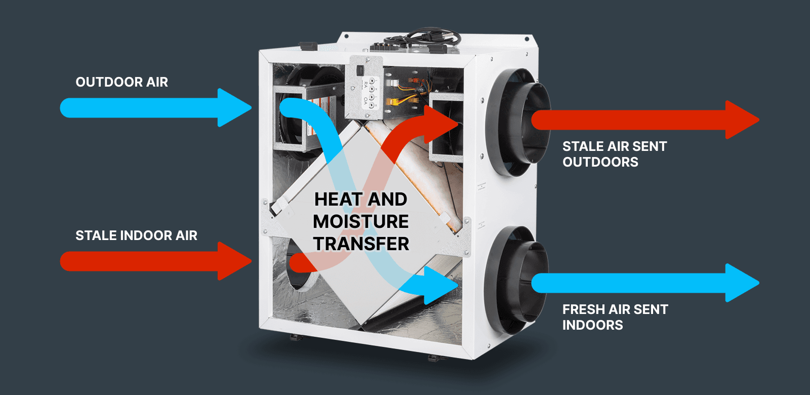 Infographic showing how an Energy Recovery Ventilator (ERV) transfers stale air outdoors and brings fresh outdoor air indoors, while transferring heat and moisture.
